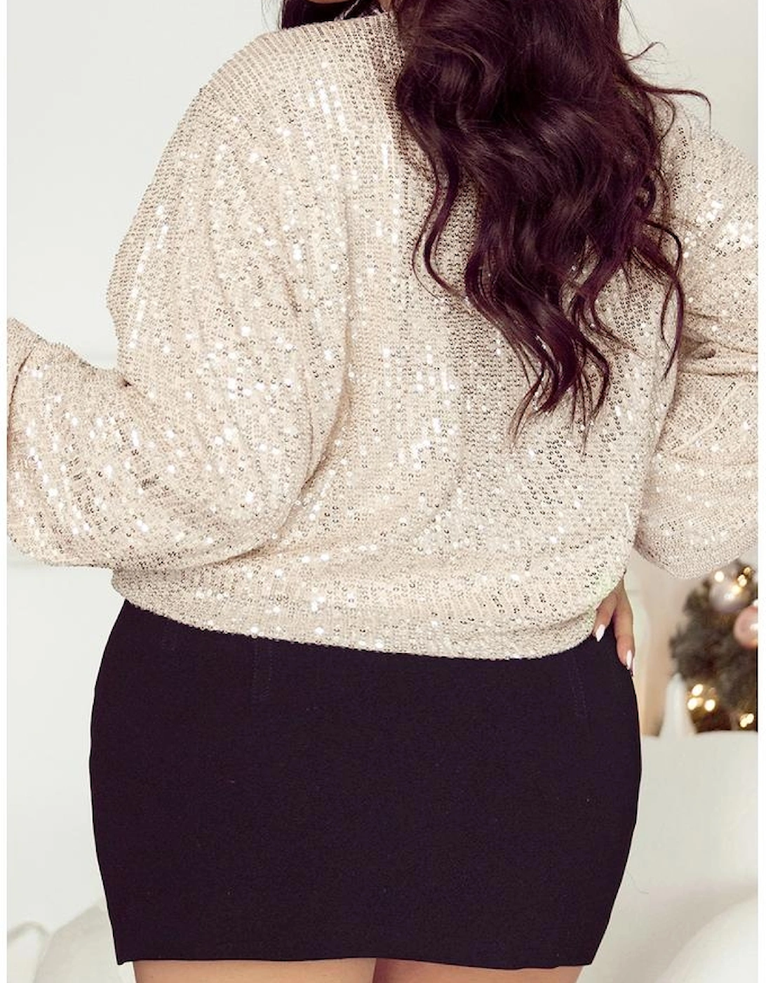 Apricot Sequin Zip up Round Neck Long Sleeve Jacket
