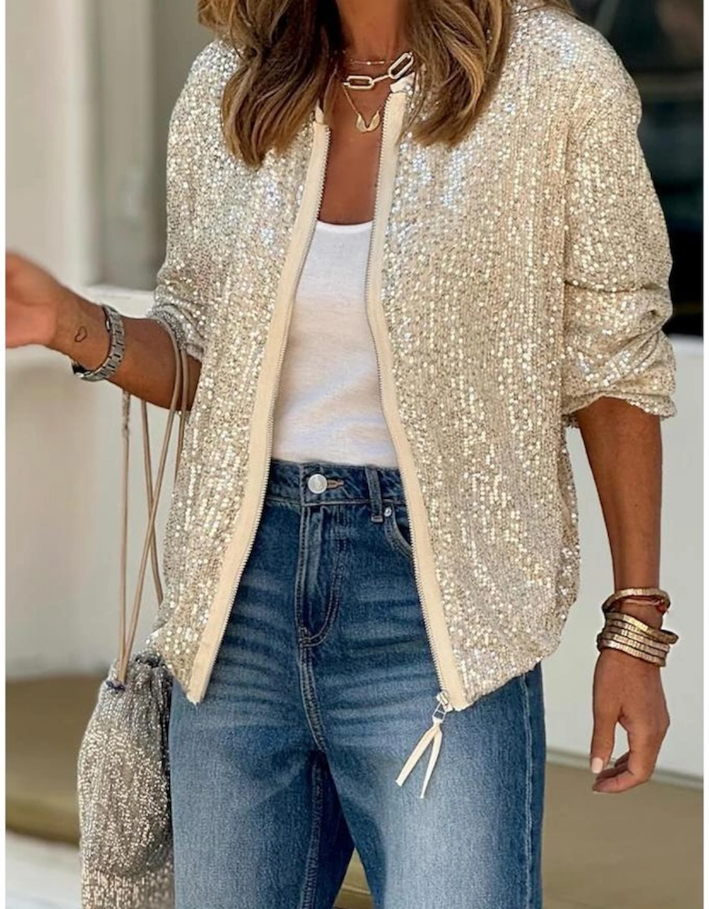 Apricot Sequin Zip up Round Neck Long Sleeve Jacket