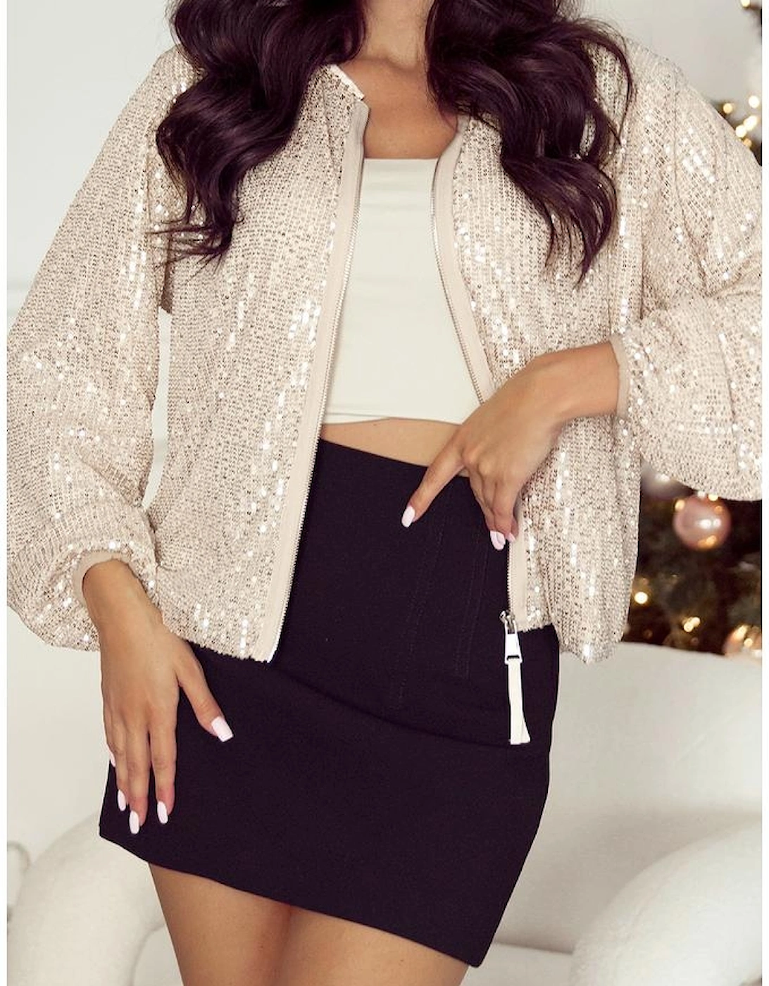 Apricot Sequin Zip up Round Neck Long Sleeve Jacket