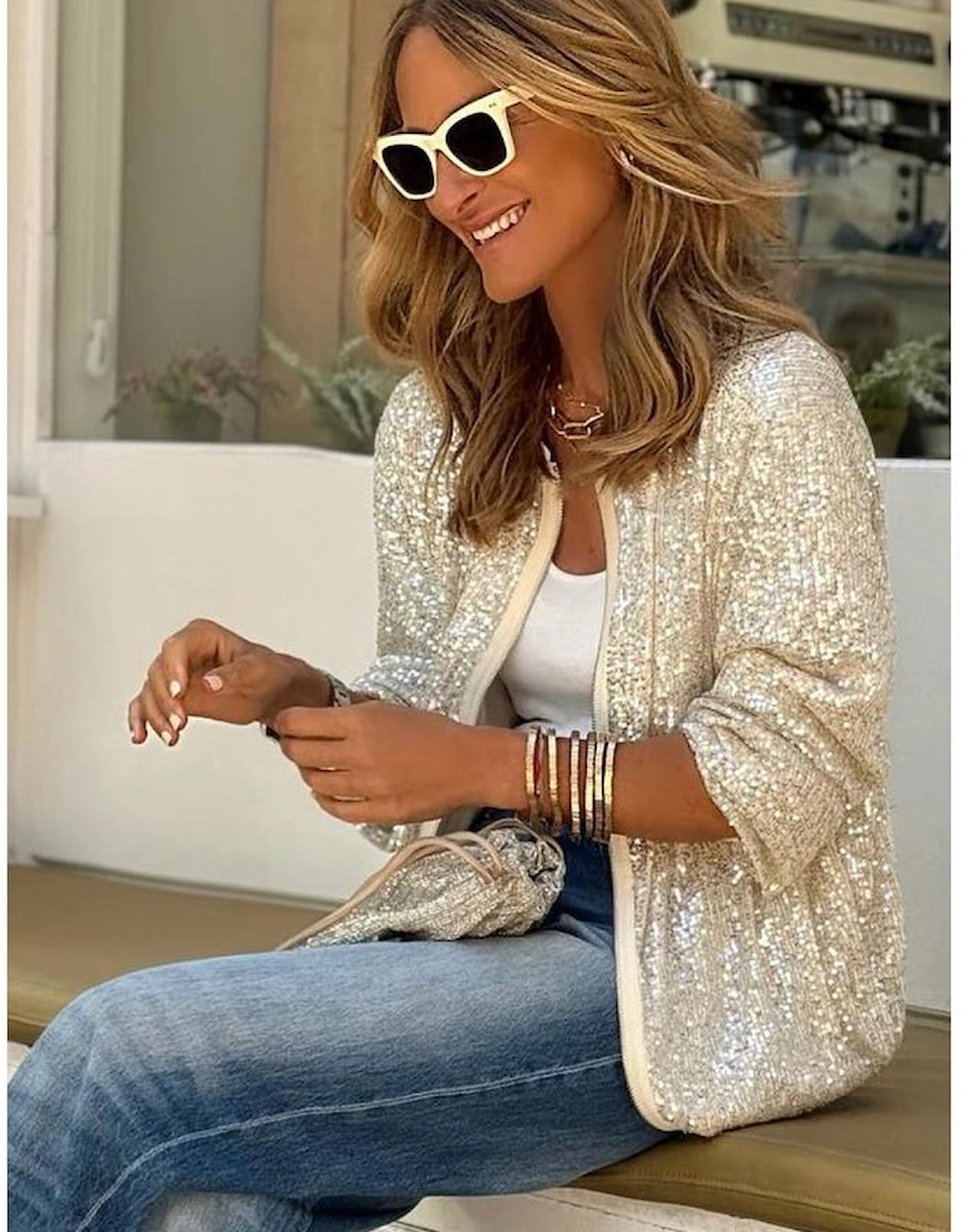 Apricot Sequin Zip up Round Neck Long Sleeve Jacket