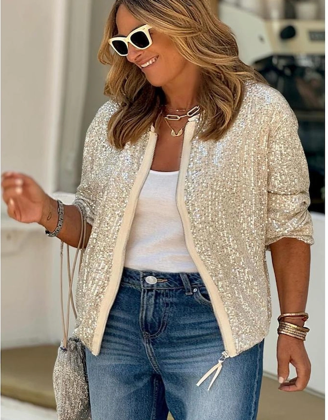 Apricot Sequin Zip up Round Neck Long Sleeve Jacket