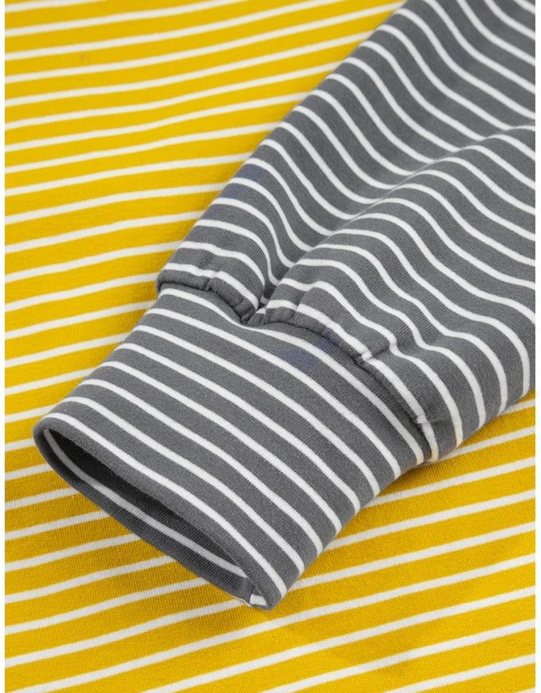 Yellow Stripe Color Block Drawstring V Neck Loose Fit Hooded Top