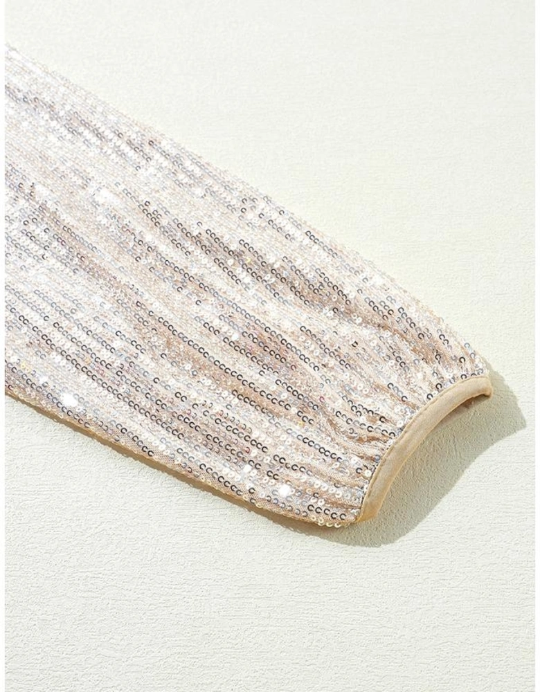 Apricot Sequin Zip up Round Neck Long Sleeve Jacket