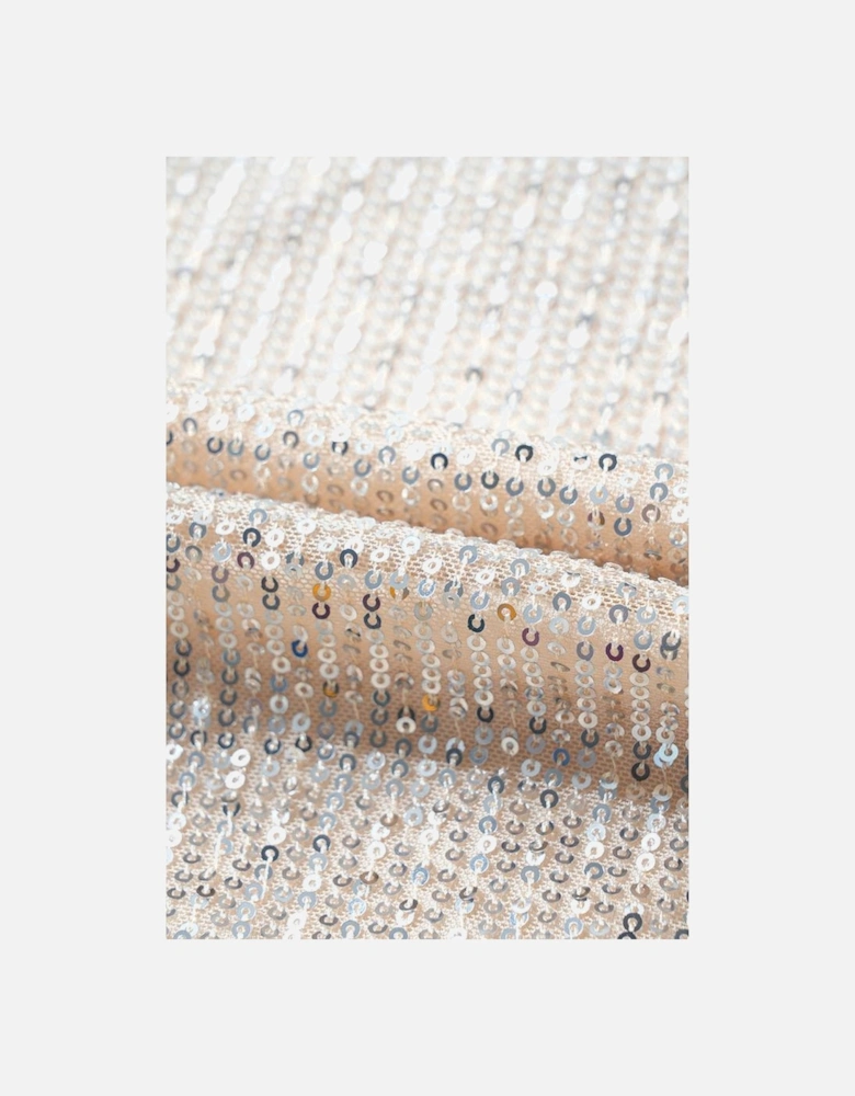 Apricot Sequin Zip up Round Neck Long Sleeve Jacket