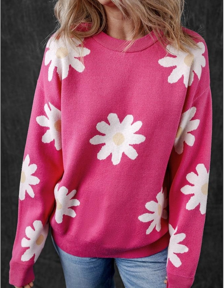 Bright Pink Daisy Flower Crew Neck Long Sleeve Sweater