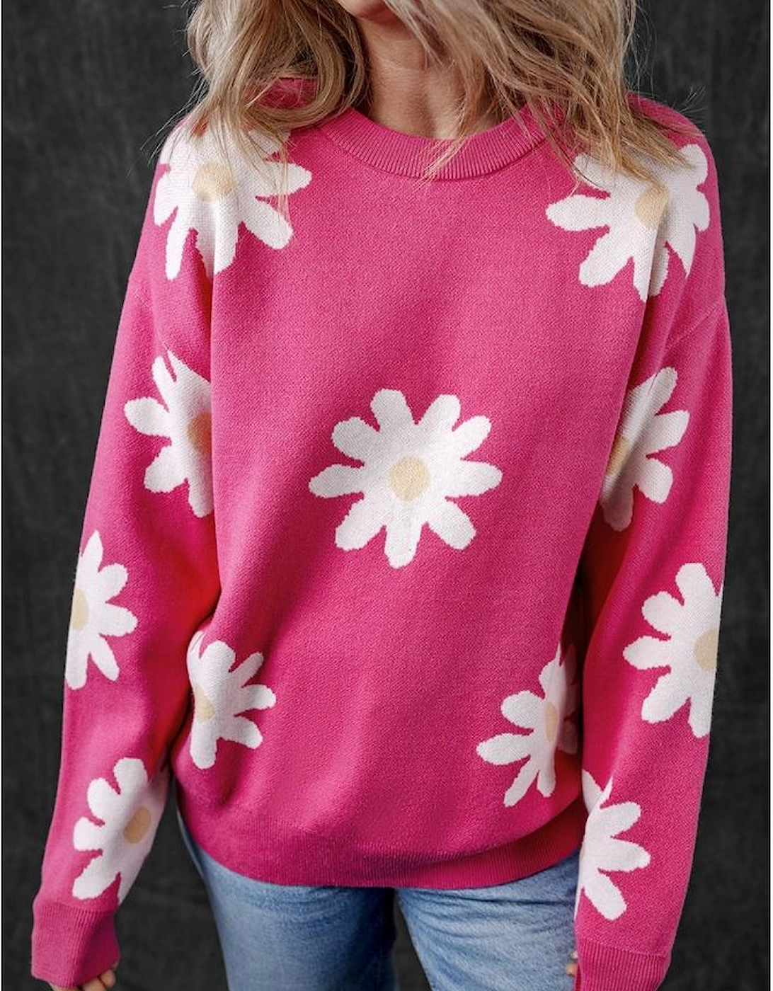 Bright Pink Daisy Flower Crew Neck Long Sleeve Sweater