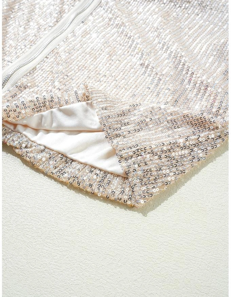 Apricot Sequin Zip up Round Neck Long Sleeve Jacket