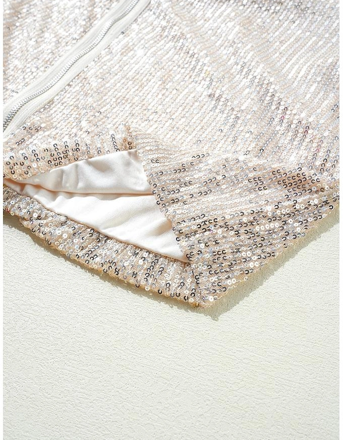 Apricot Sequin Zip up Round Neck Long Sleeve Jacket