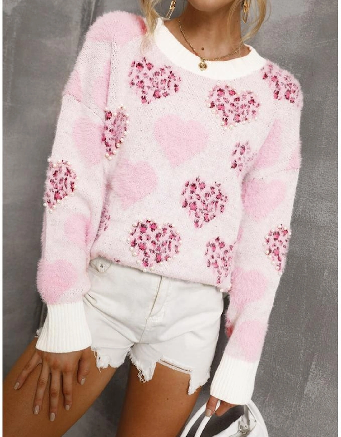 Pink Heart Leopard Print Pearled Ribbed Trim Fuzzy Sweater
