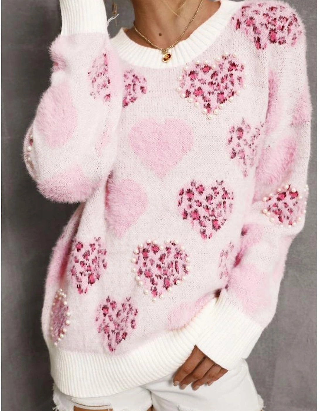 Pink Heart Leopard Print Pearled Ribbed Trim Fuzzy Sweater