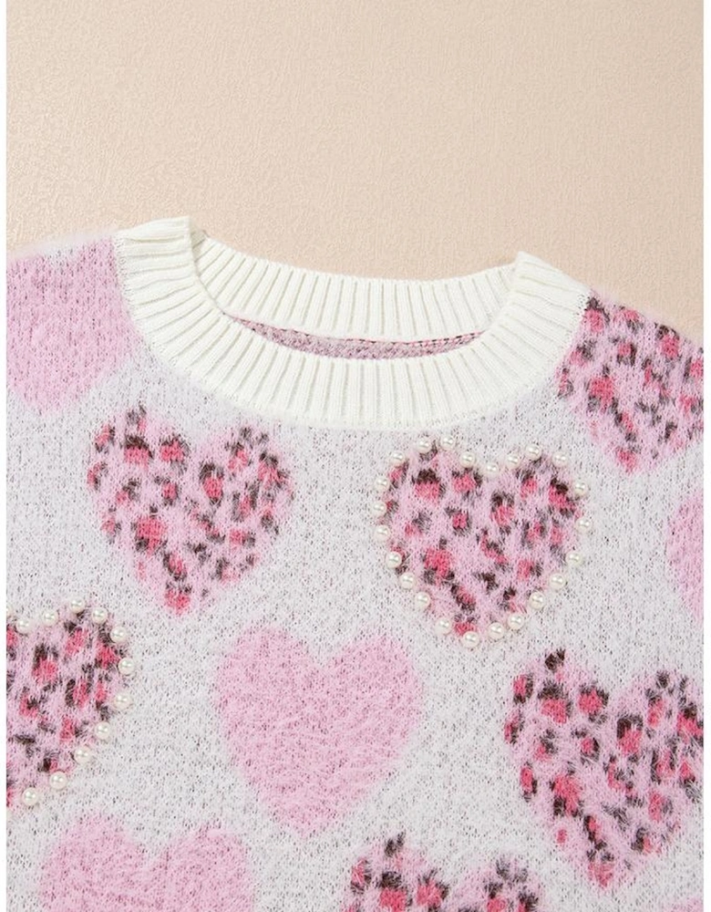Pink Heart Leopard Print Pearled Ribbed Trim Fuzzy Sweater