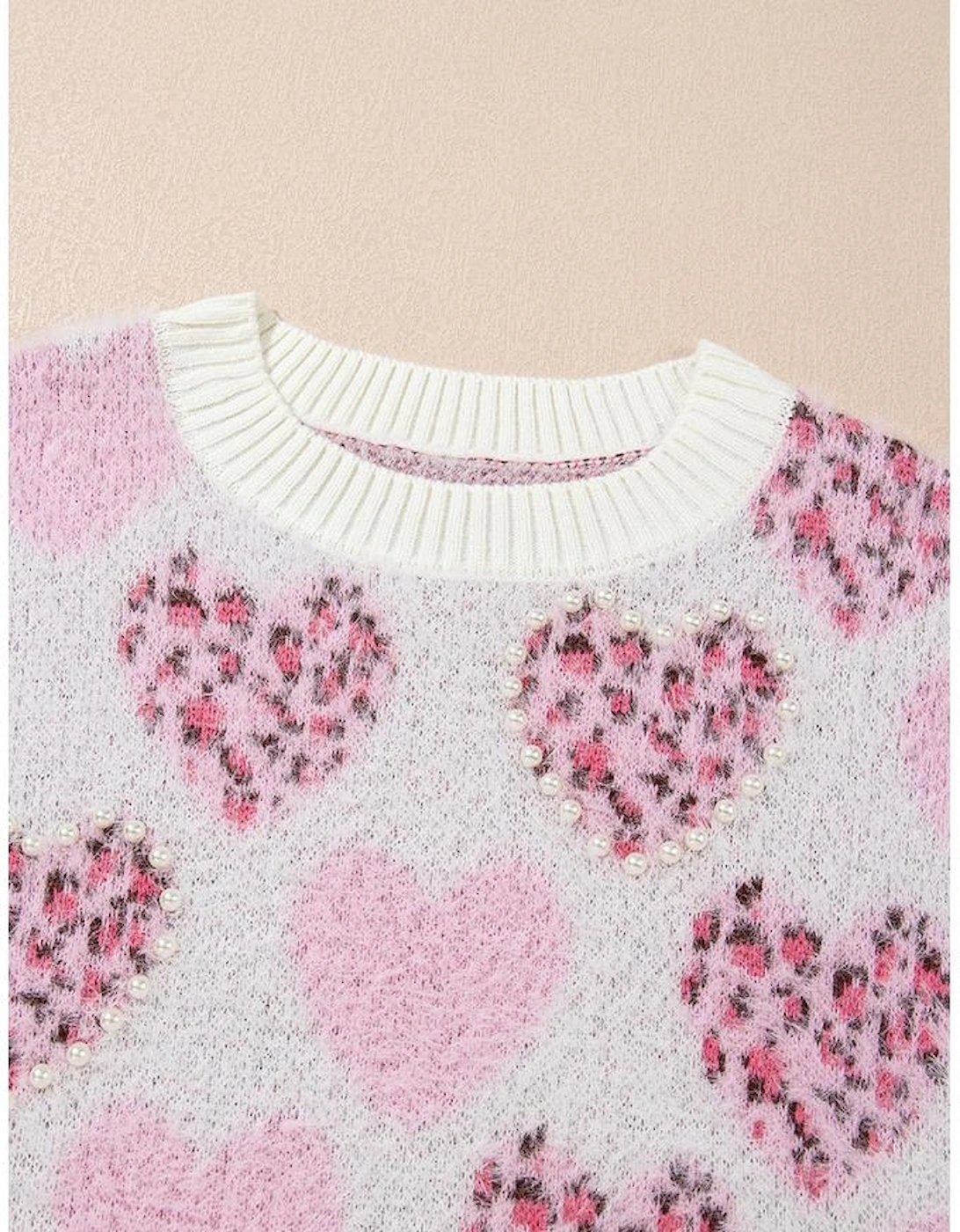 Pink Heart Leopard Print Pearled Ribbed Trim Fuzzy Sweater