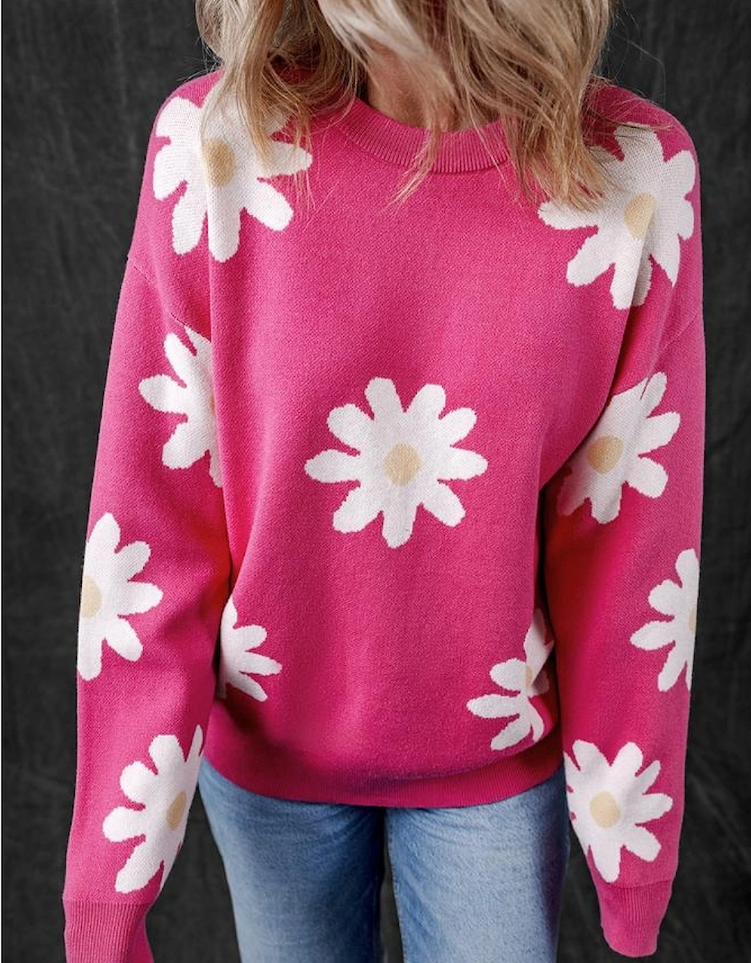 Bright Pink Daisy Flower Crew Neck Long Sleeve Sweater, 16 of 15