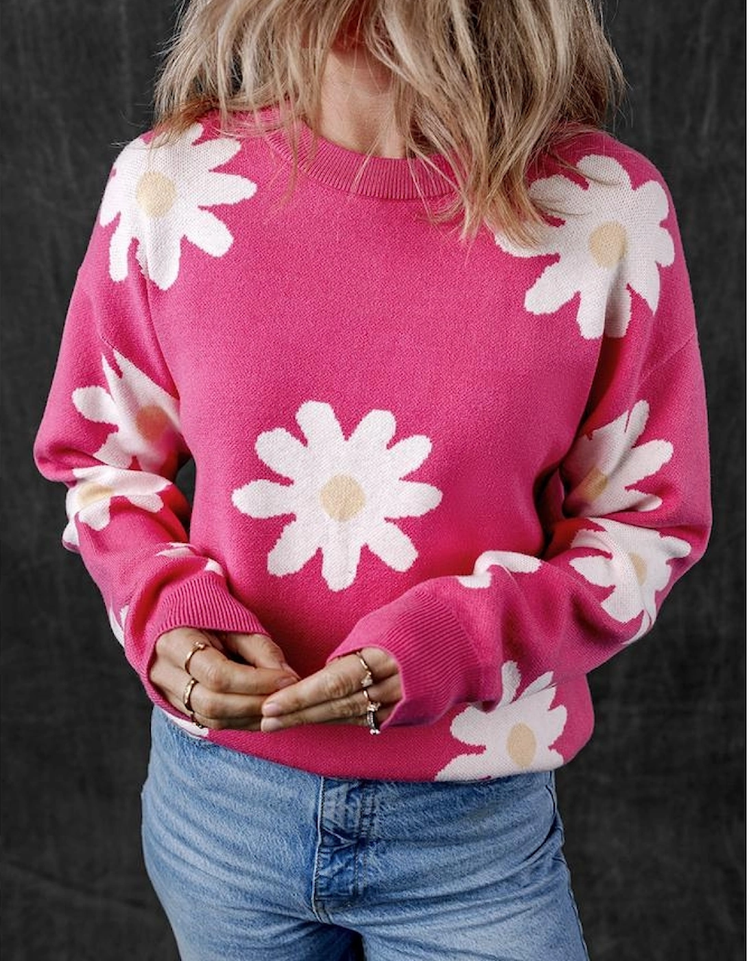 Bright Pink Daisy Flower Crew Neck Long Sleeve Sweater