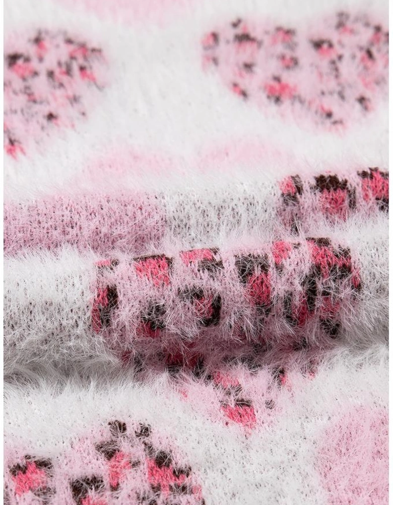 Pink Heart Leopard Print Pearled Ribbed Trim Fuzzy Sweater