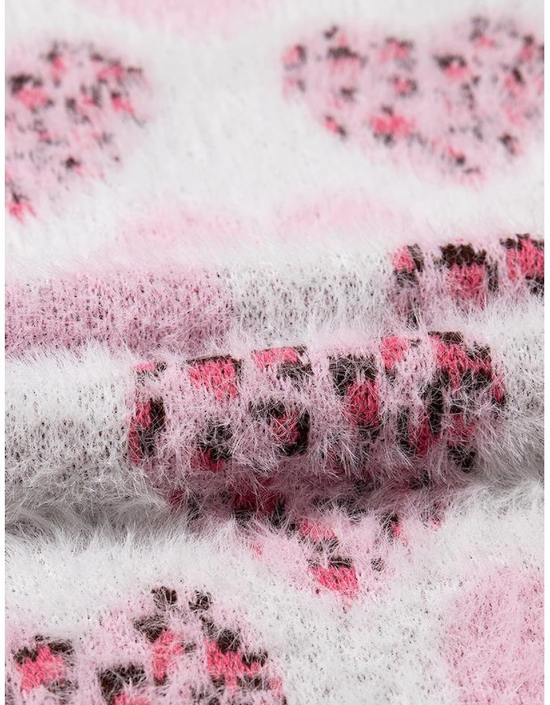 Pink Heart Leopard Print Pearled Ribbed Trim Fuzzy Sweater
