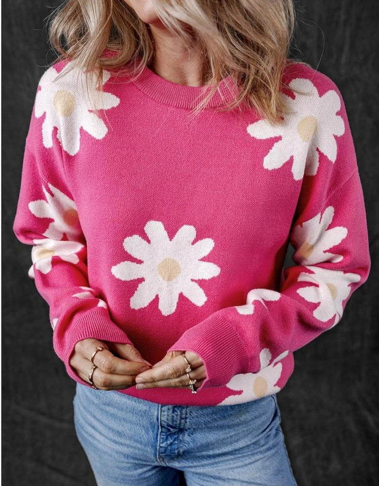 Bright Pink Daisy Flower Crew Neck Long Sleeve Sweater