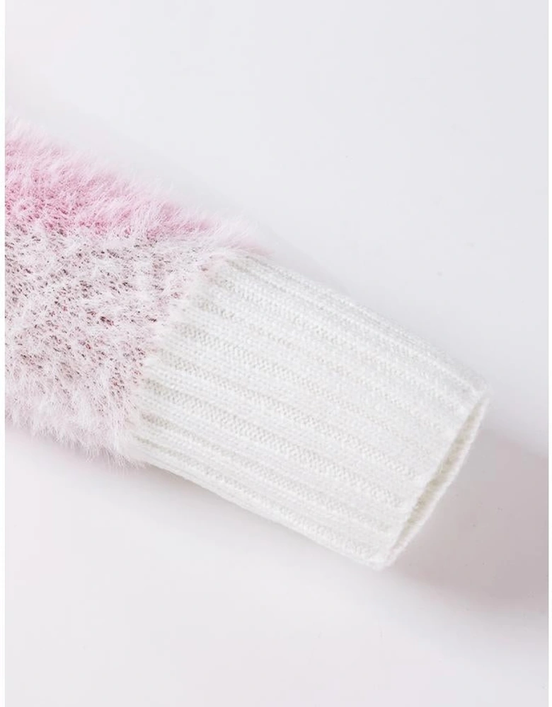 Pink Heart Leopard Print Pearled Ribbed Trim Fuzzy Sweater