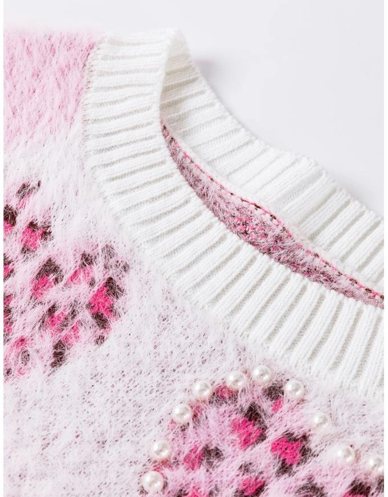 Pink Heart Leopard Print Pearled Ribbed Trim Fuzzy Sweater