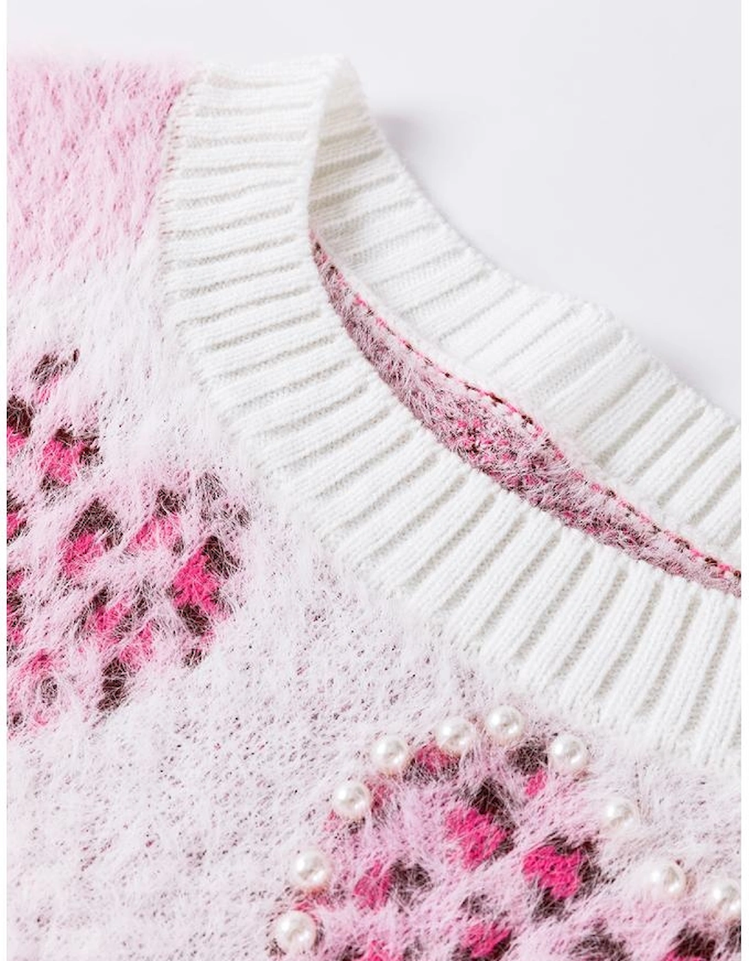 Pink Heart Leopard Print Pearled Ribbed Trim Fuzzy Sweater