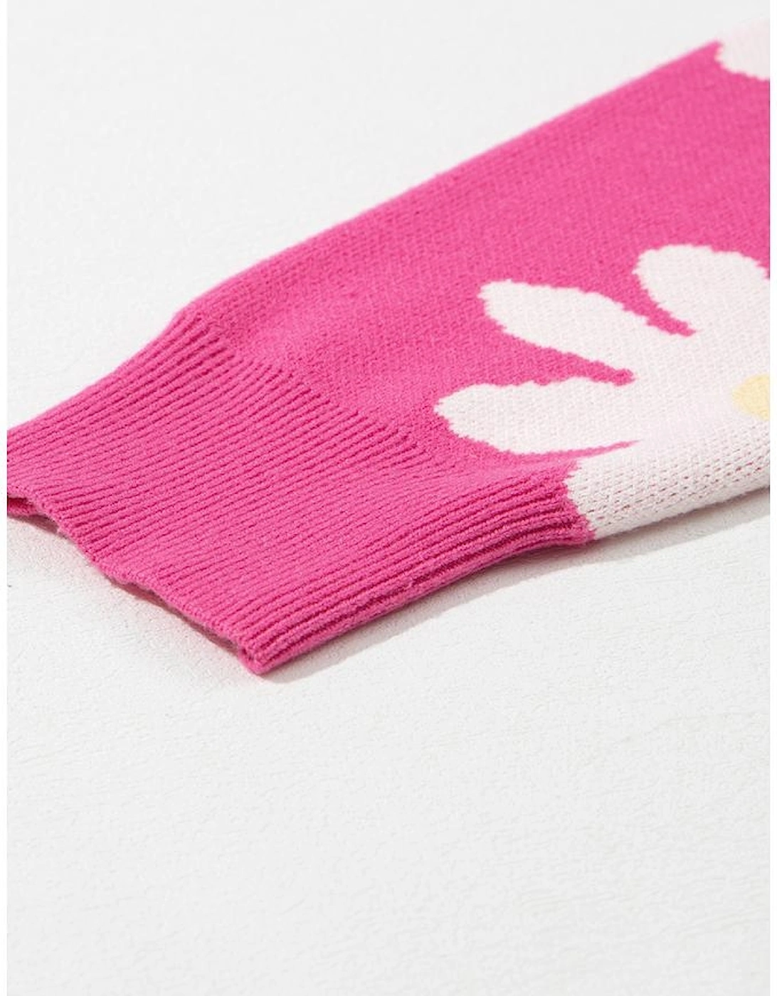 Bright Pink Daisy Flower Crew Neck Long Sleeve Sweater