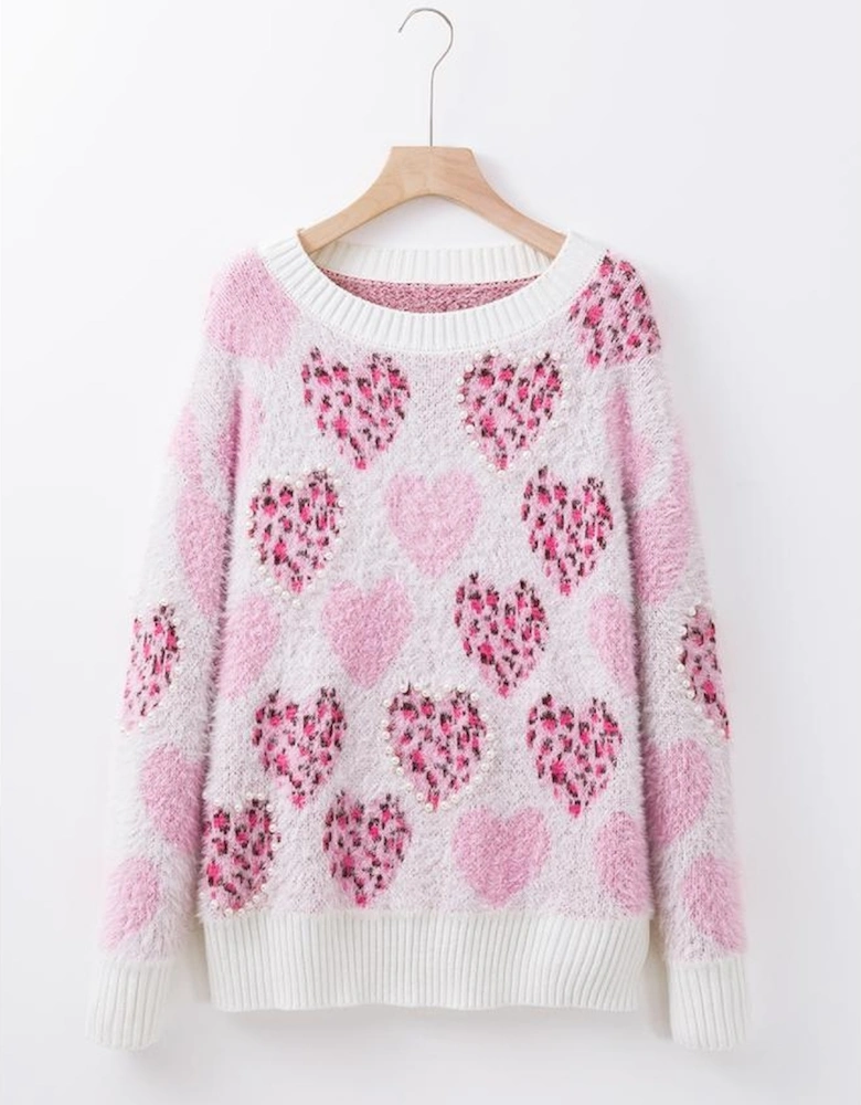 Pink Heart Leopard Print Pearled Ribbed Trim Fuzzy Sweater