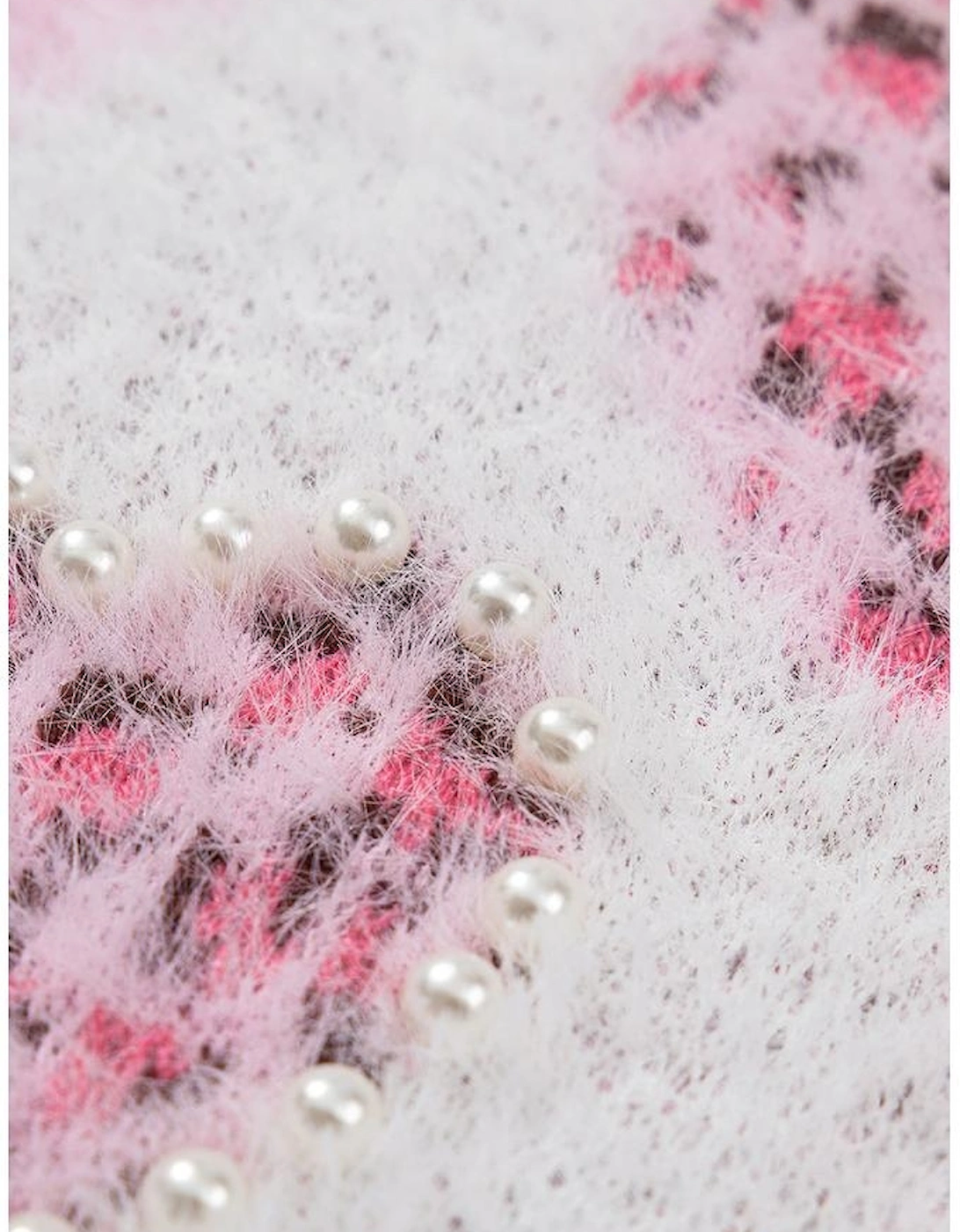 Pink Heart Leopard Print Pearled Ribbed Trim Fuzzy Sweater