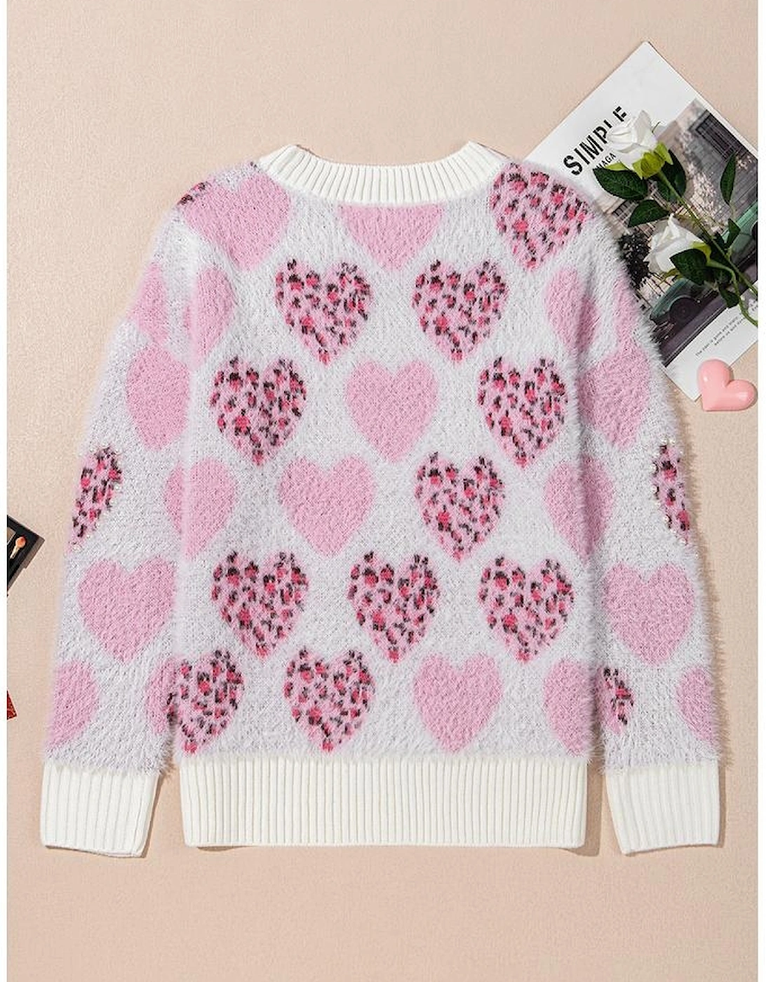 Pink Heart Leopard Print Pearled Ribbed Trim Fuzzy Sweater