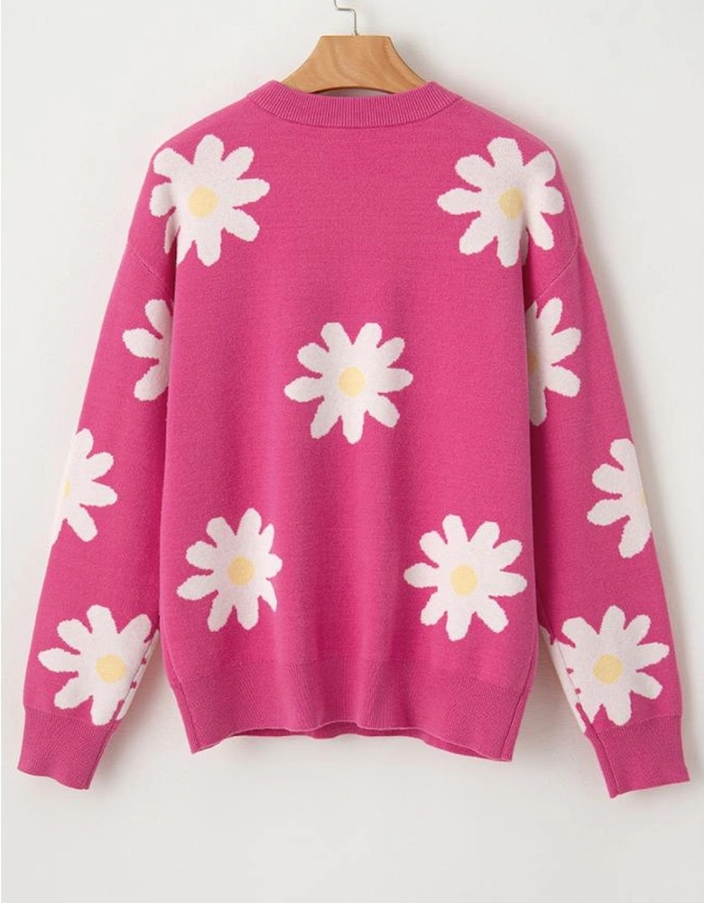 Bright Pink Daisy Flower Crew Neck Long Sleeve Sweater