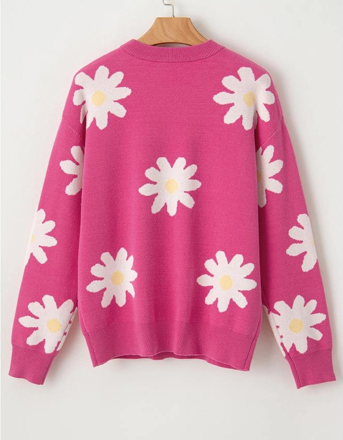 Bright Pink Daisy Flower Crew Neck Long Sleeve Sweater