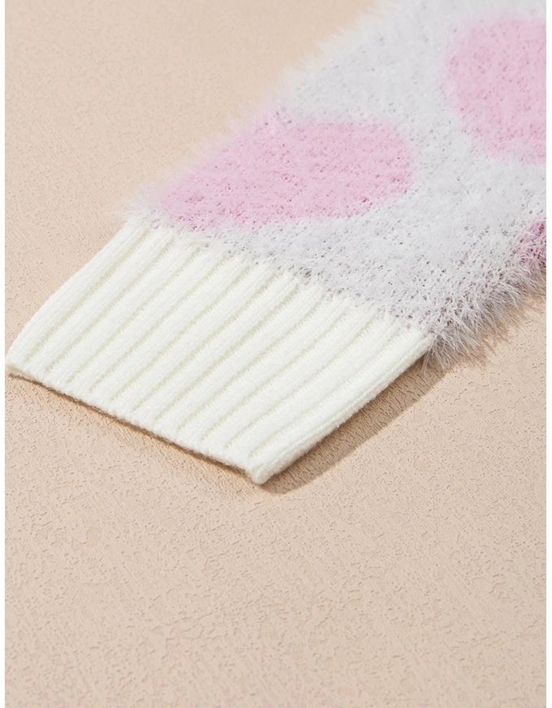 Pink Heart Leopard Print Pearled Ribbed Trim Fuzzy Sweater