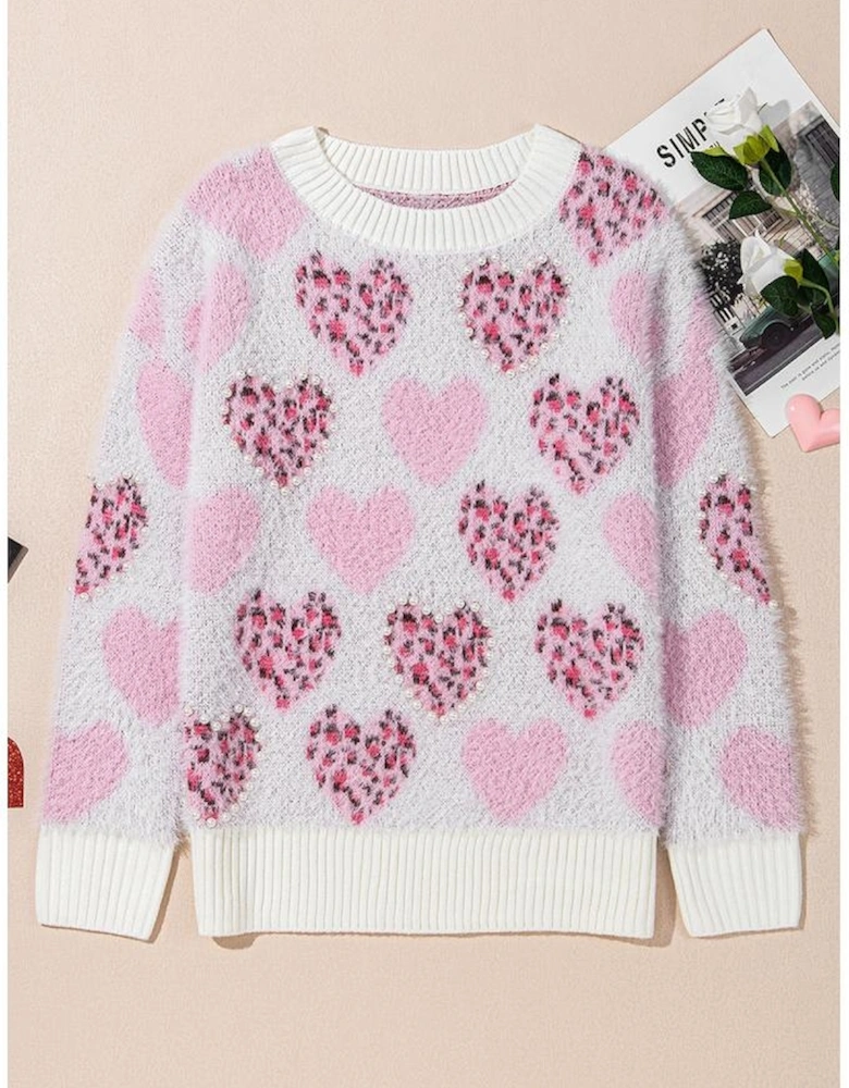 Pink Heart Leopard Print Pearled Ribbed Trim Fuzzy Sweater