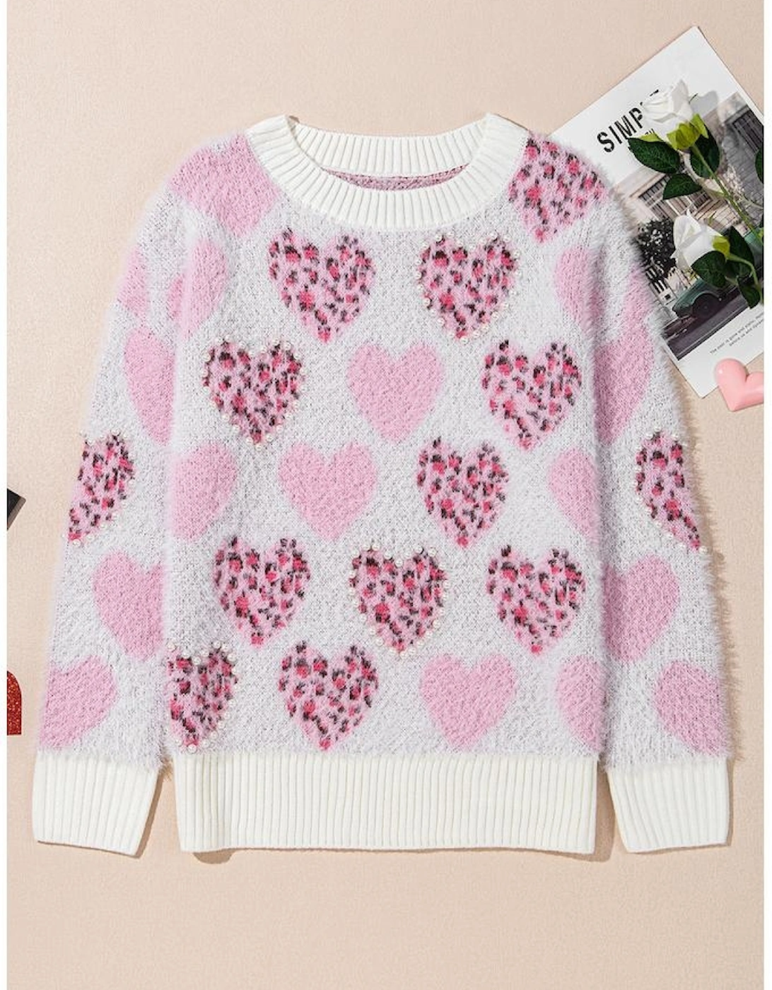 Pink Heart Leopard Print Pearled Ribbed Trim Fuzzy Sweater