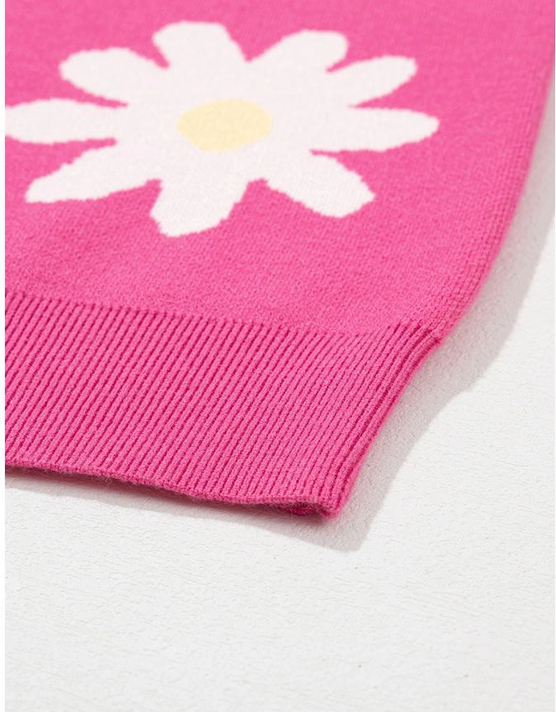 Bright Pink Daisy Flower Crew Neck Long Sleeve Sweater