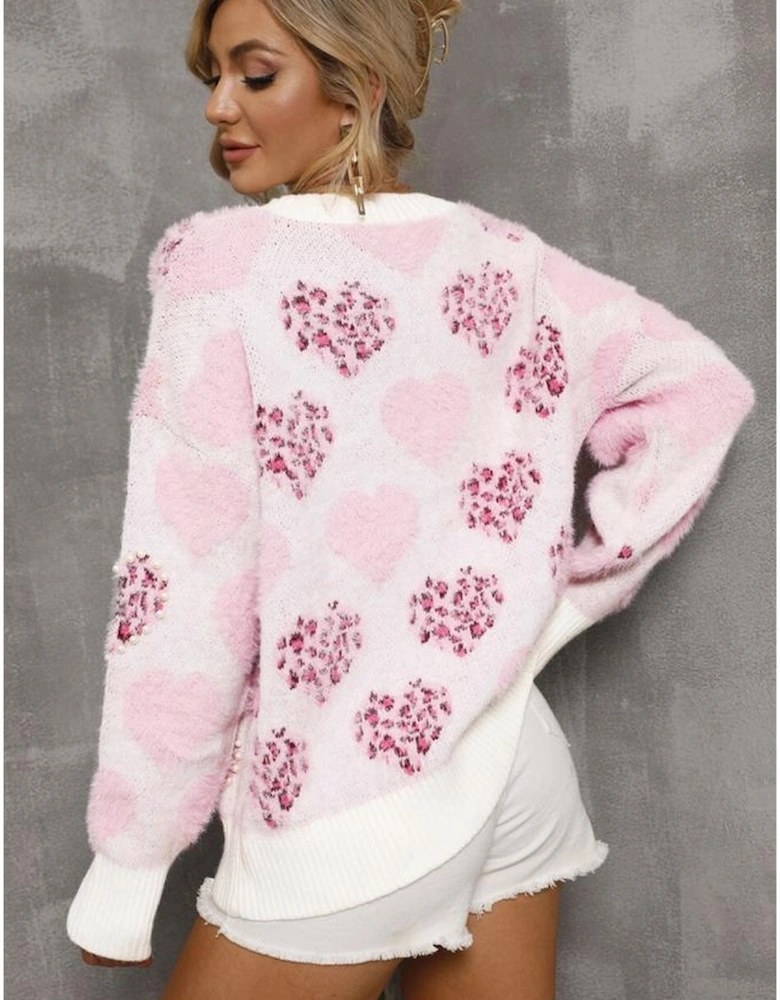 Pink Heart Leopard Print Pearled Ribbed Trim Fuzzy Sweater