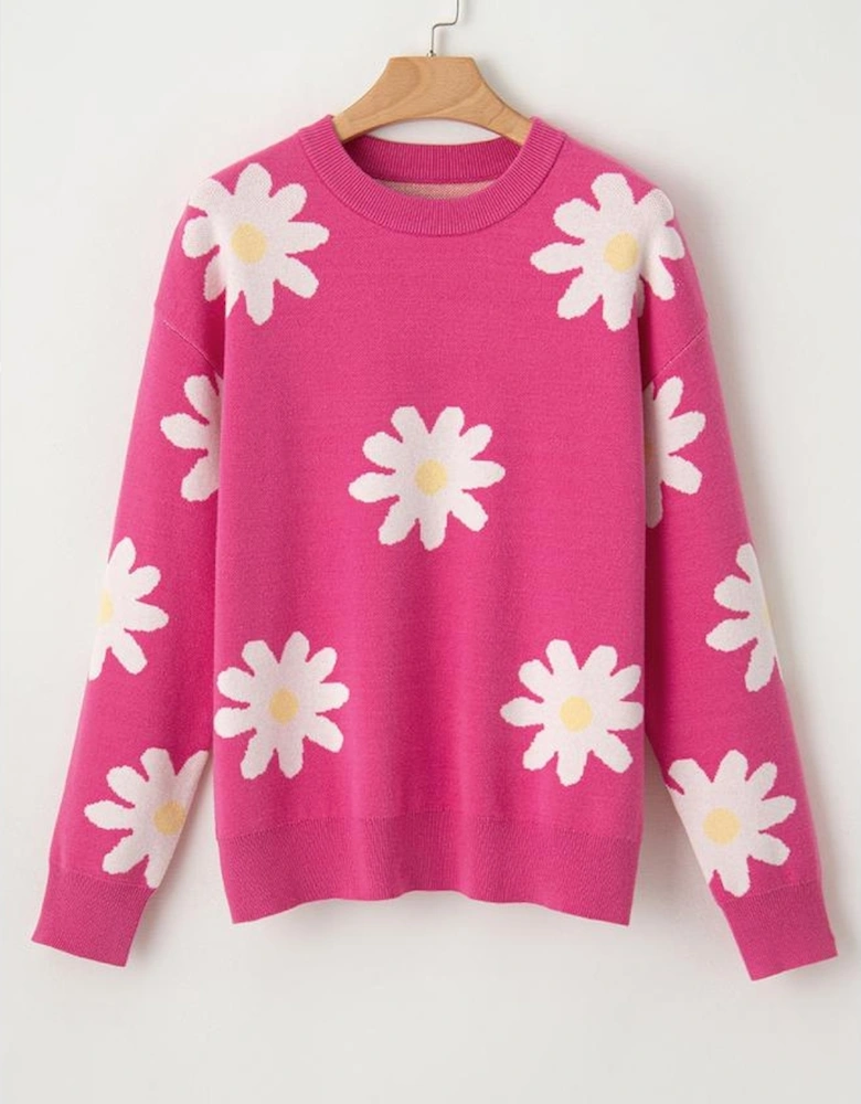 Bright Pink Daisy Flower Crew Neck Long Sleeve Sweater