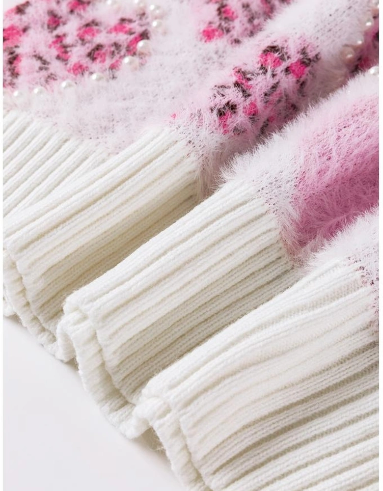 Pink Heart Leopard Print Pearled Ribbed Trim Fuzzy Sweater