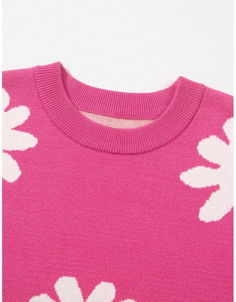 Bright Pink Daisy Flower Crew Neck Long Sleeve Sweater