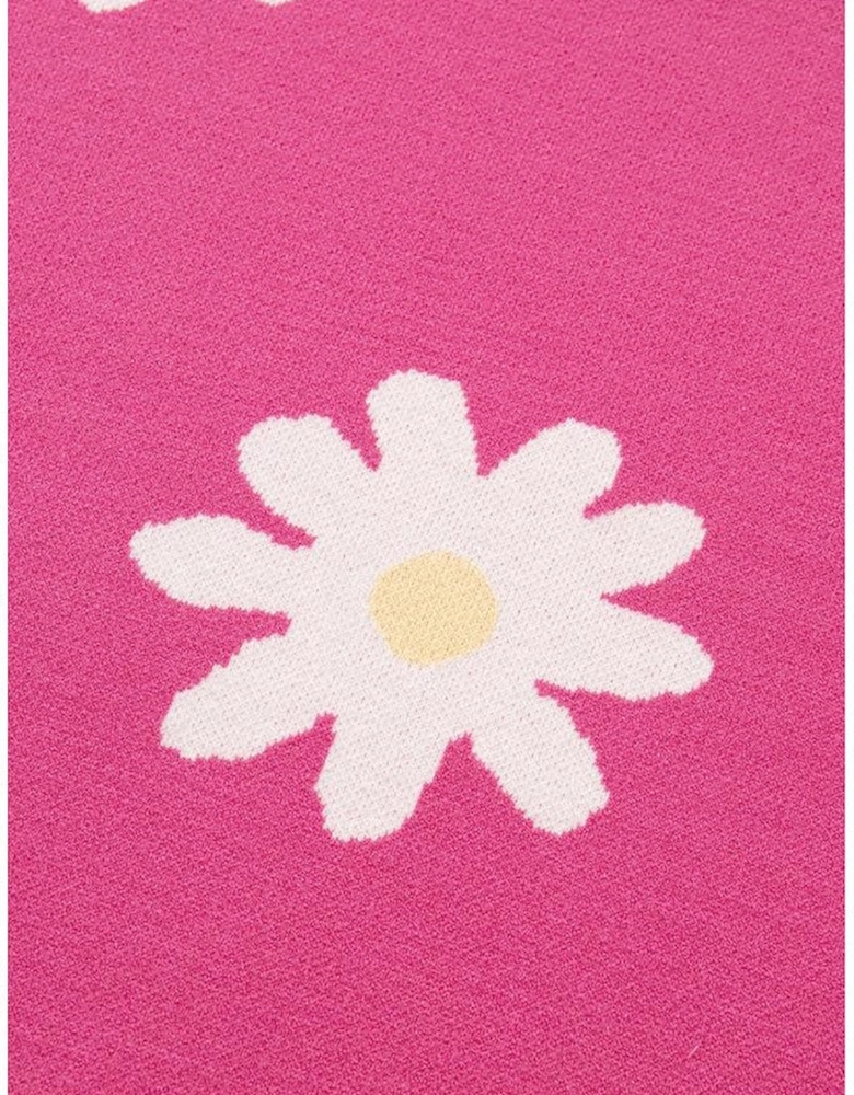 Bright Pink Daisy Flower Crew Neck Long Sleeve Sweater