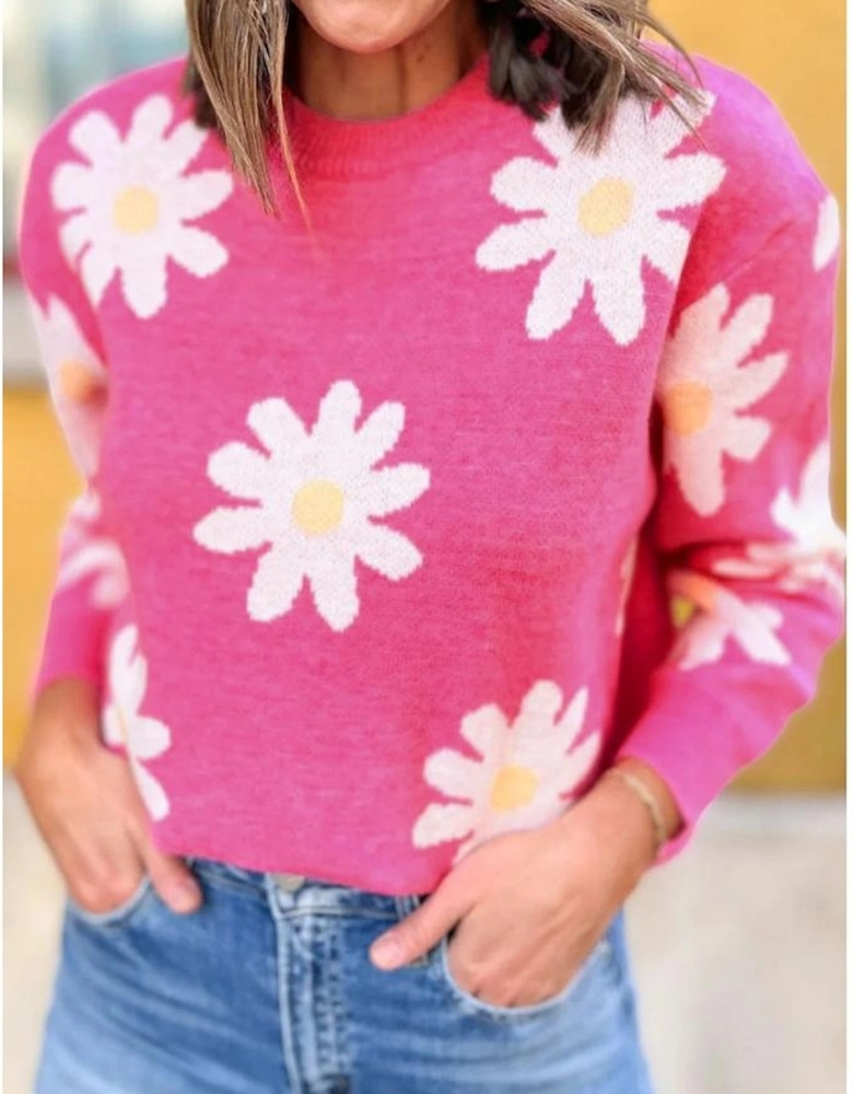 Bright Pink Daisy Flower Crew Neck Long Sleeve Sweater