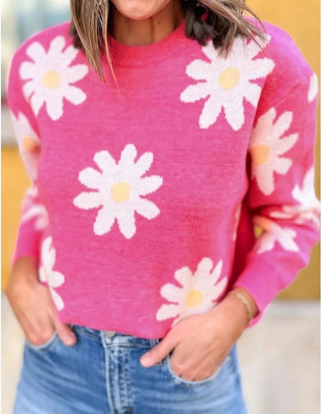 Bright Pink Daisy Flower Crew Neck Long Sleeve Sweater