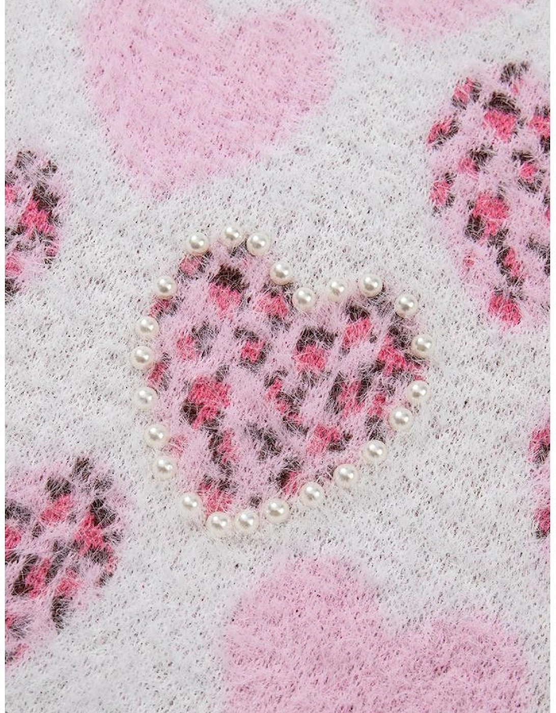 Pink Heart Leopard Print Pearled Ribbed Trim Fuzzy Sweater