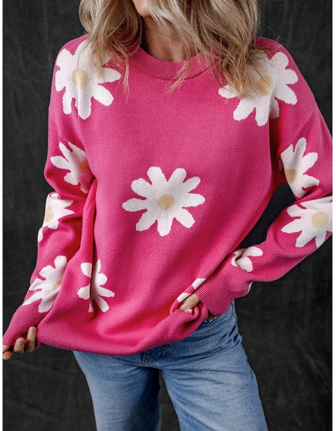 Bright Pink Daisy Flower Crew Neck Long Sleeve Sweater
