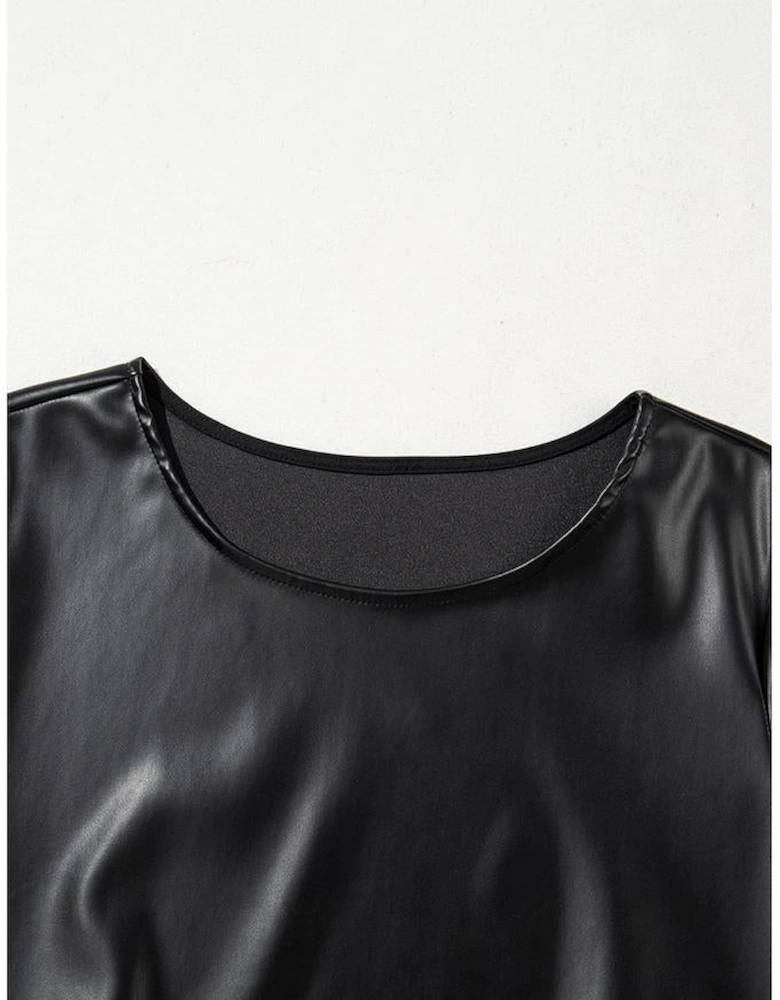 Black Faux Leather Loose T-shirt Dress
