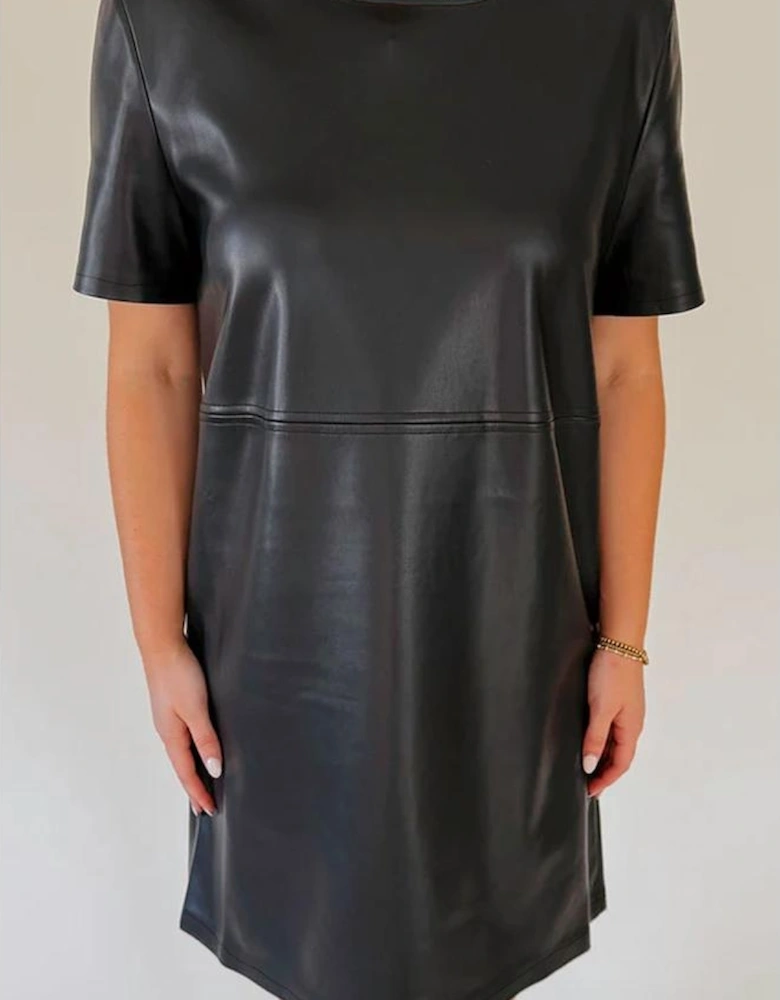 Black Faux Leather Loose T-shirt Dress