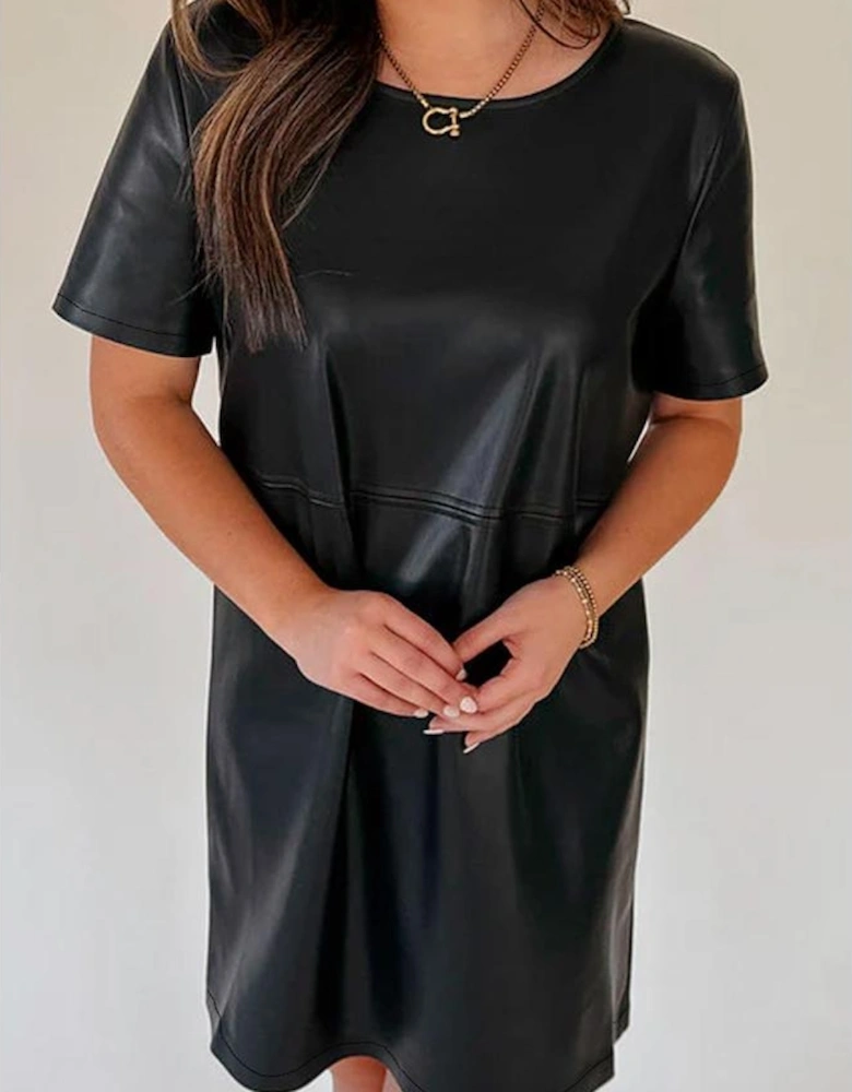 Black Faux Leather Loose T-shirt Dress