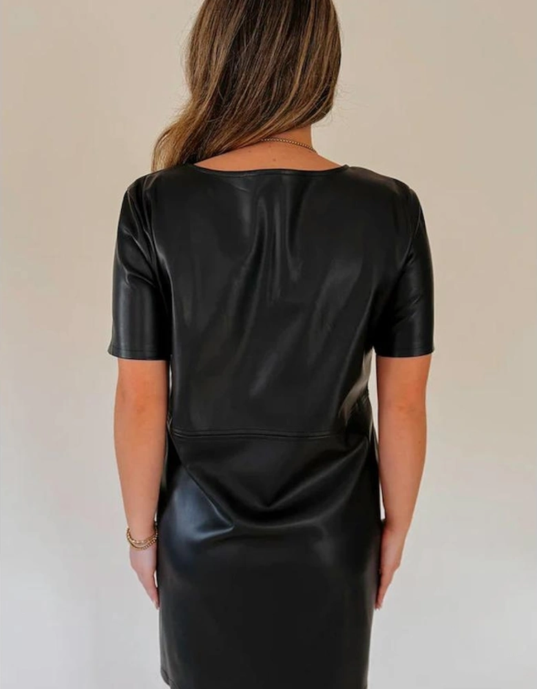 Black Faux Leather Loose T-shirt Dress