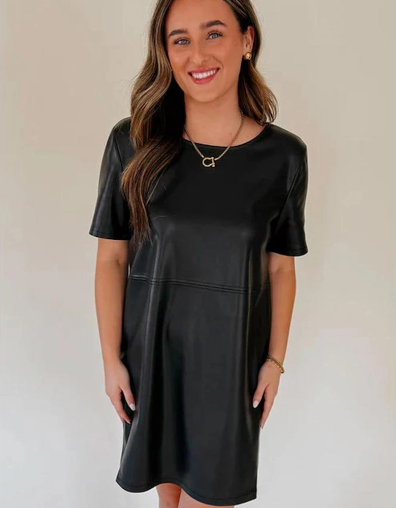 Black Faux Leather Loose T-shirt Dress