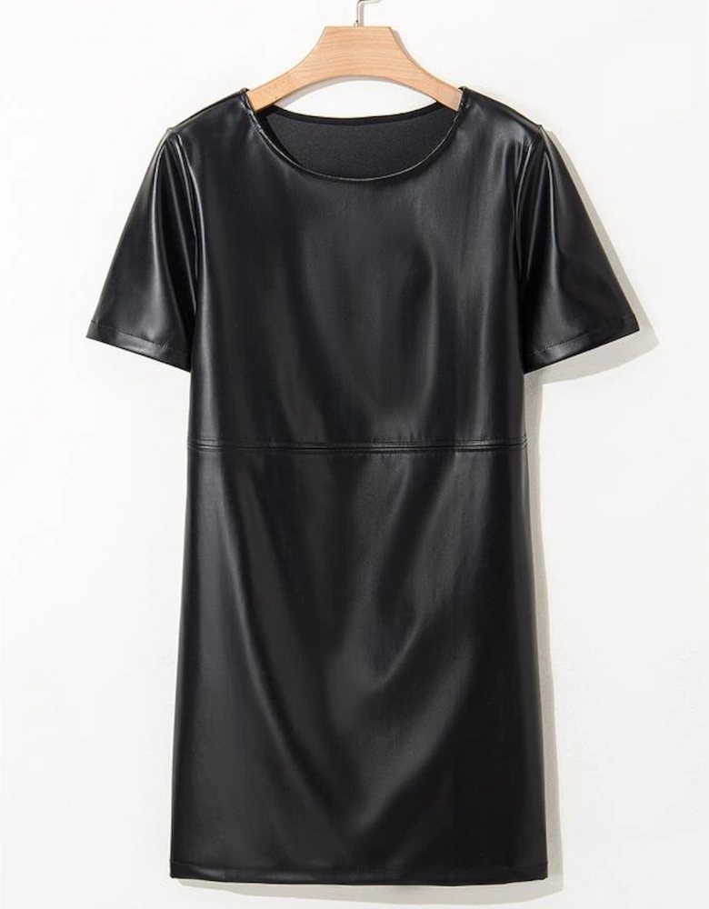 Black Faux Leather Loose T-shirt Dress
