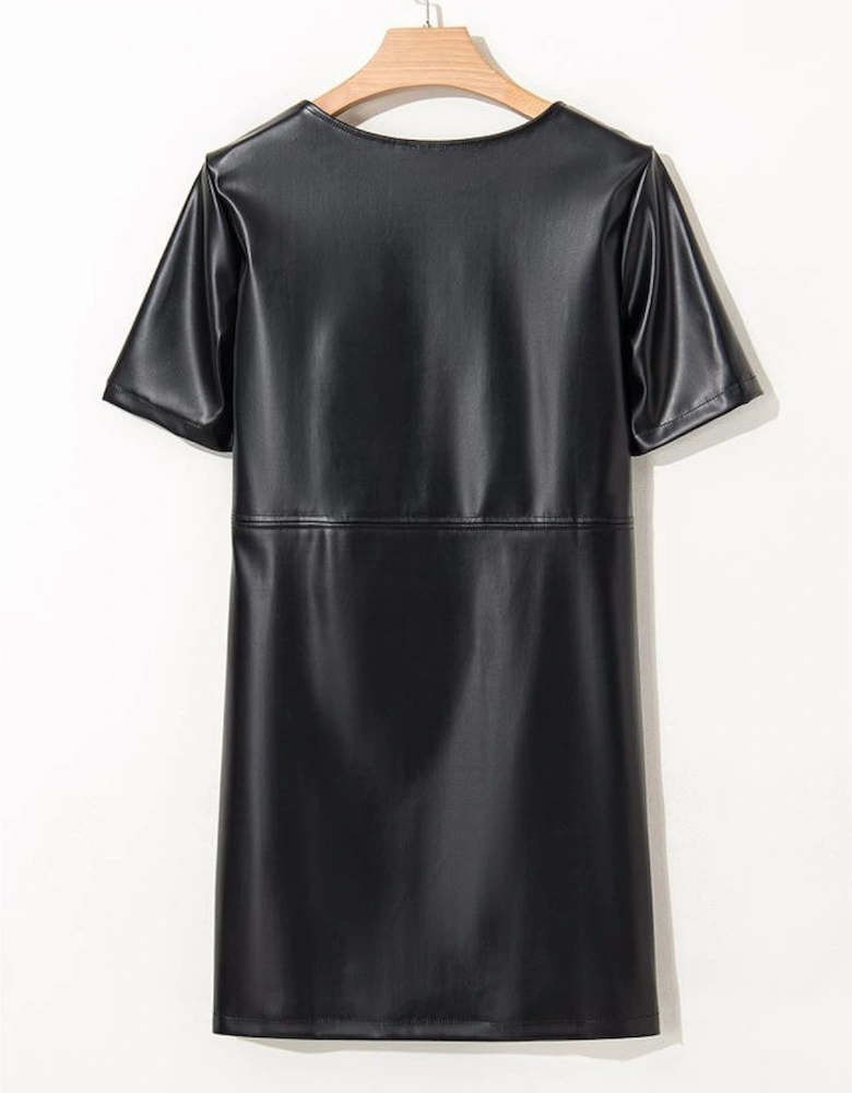 Black Faux Leather Loose T-shirt Dress
